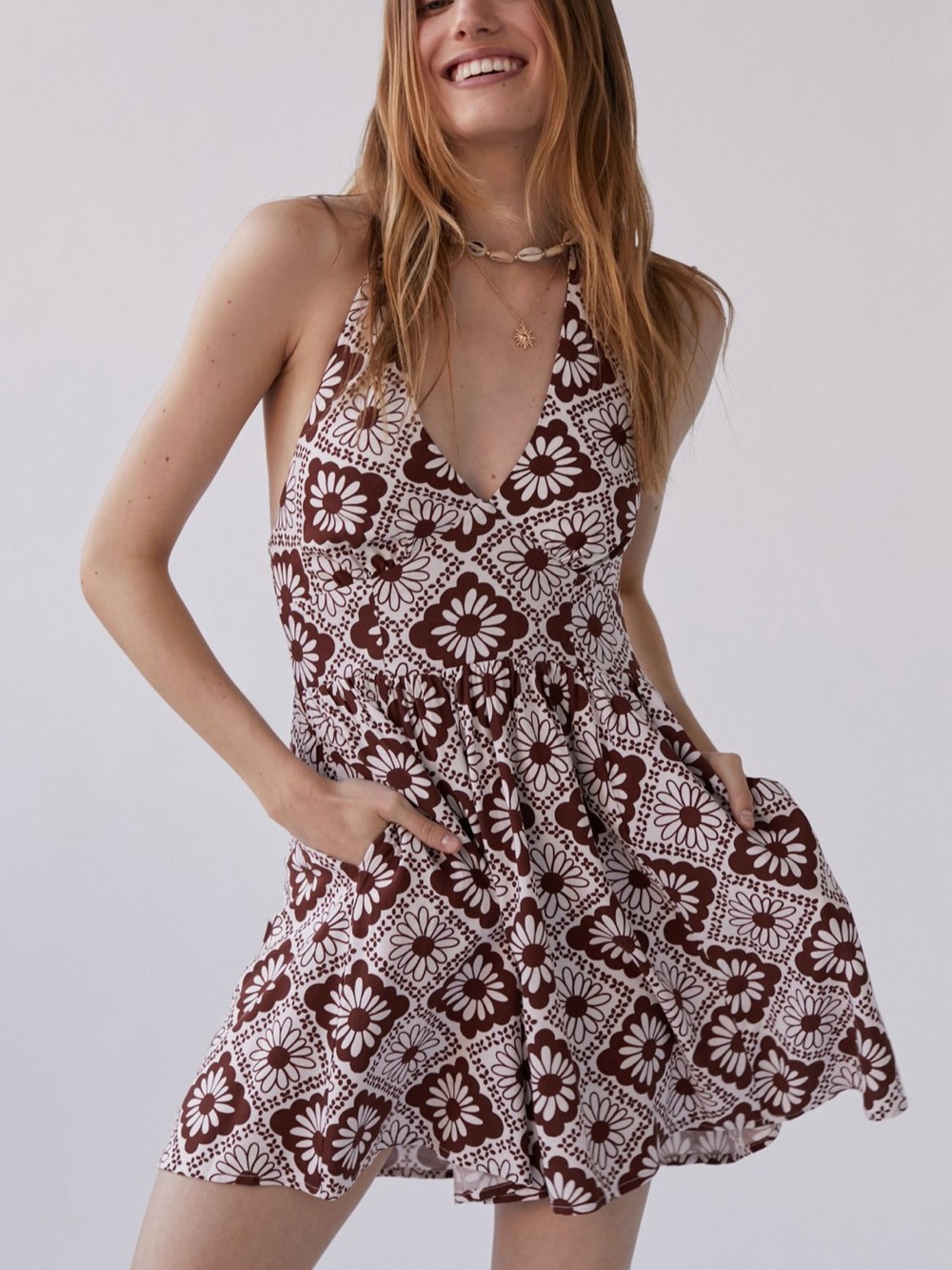 Urban Outfitters Brown & Cream Floral Halter Mini Dress